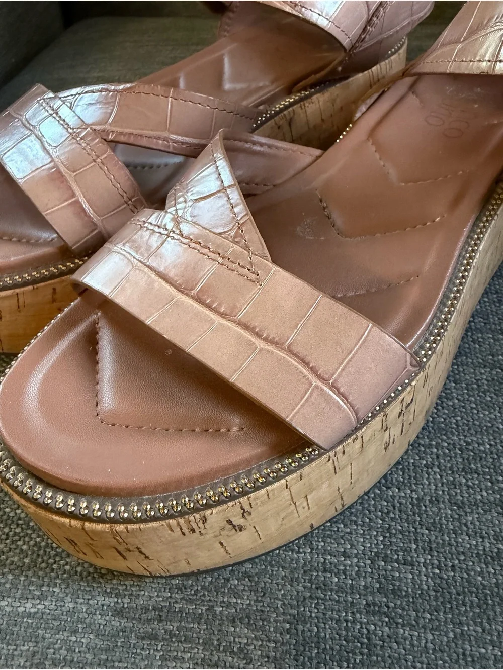 Franco Sarto Taupe Brown Croc Platform Cork Sandals Studded Ankle Strap 8.5